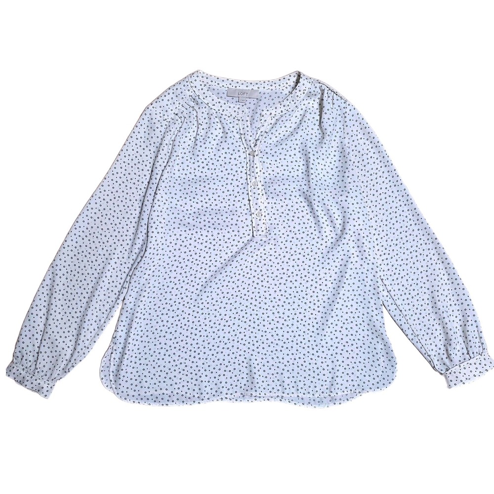 LOFT Blouse White Polka Dot Women's Size‎ L Long Sleeve Button Up